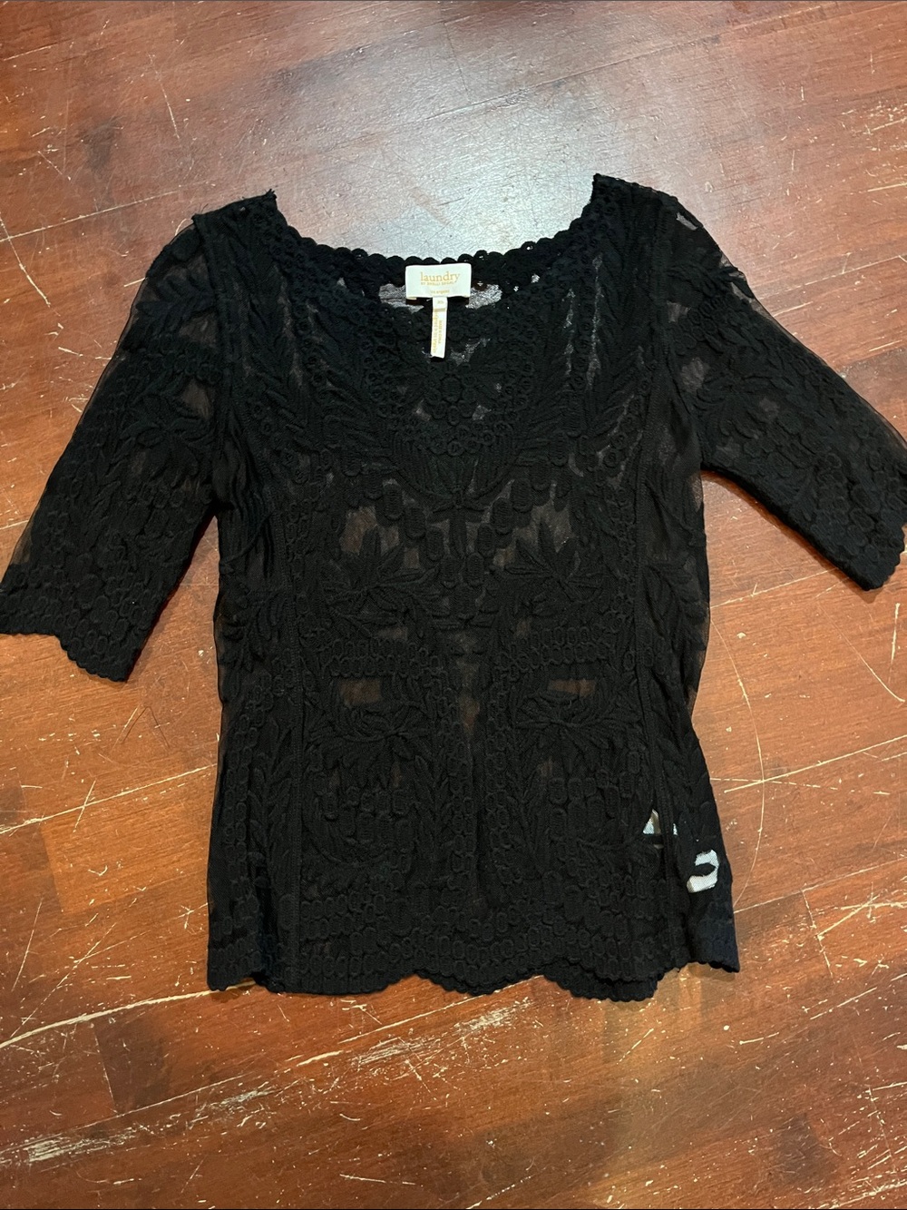 Laundry By Shelli Segal Black Crochet Lace Scoop Neck Top